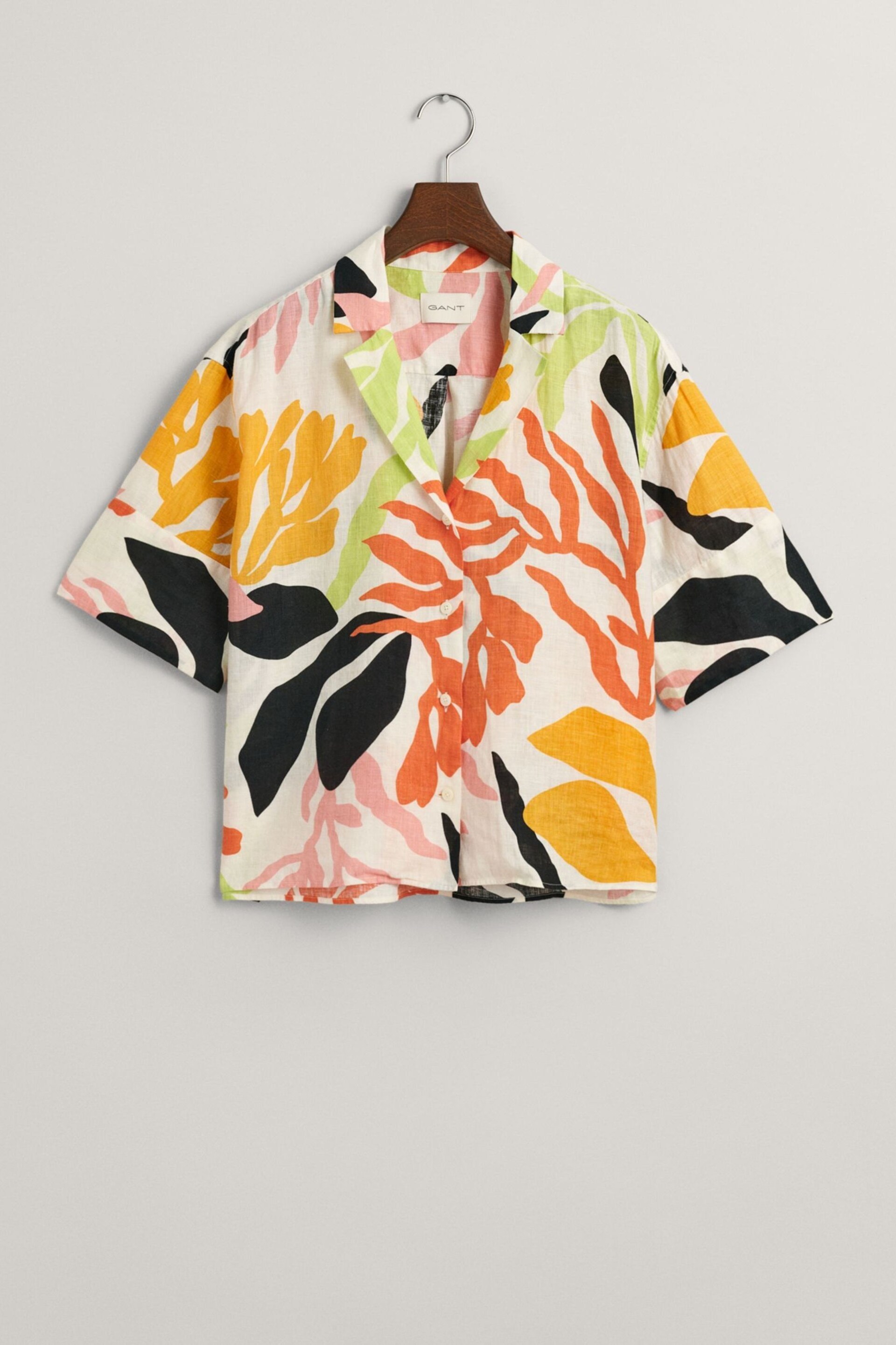 GANT Yellow Relaxed Fit Palm Print Linen Short Sleeve Shirt - Image 7 of 7