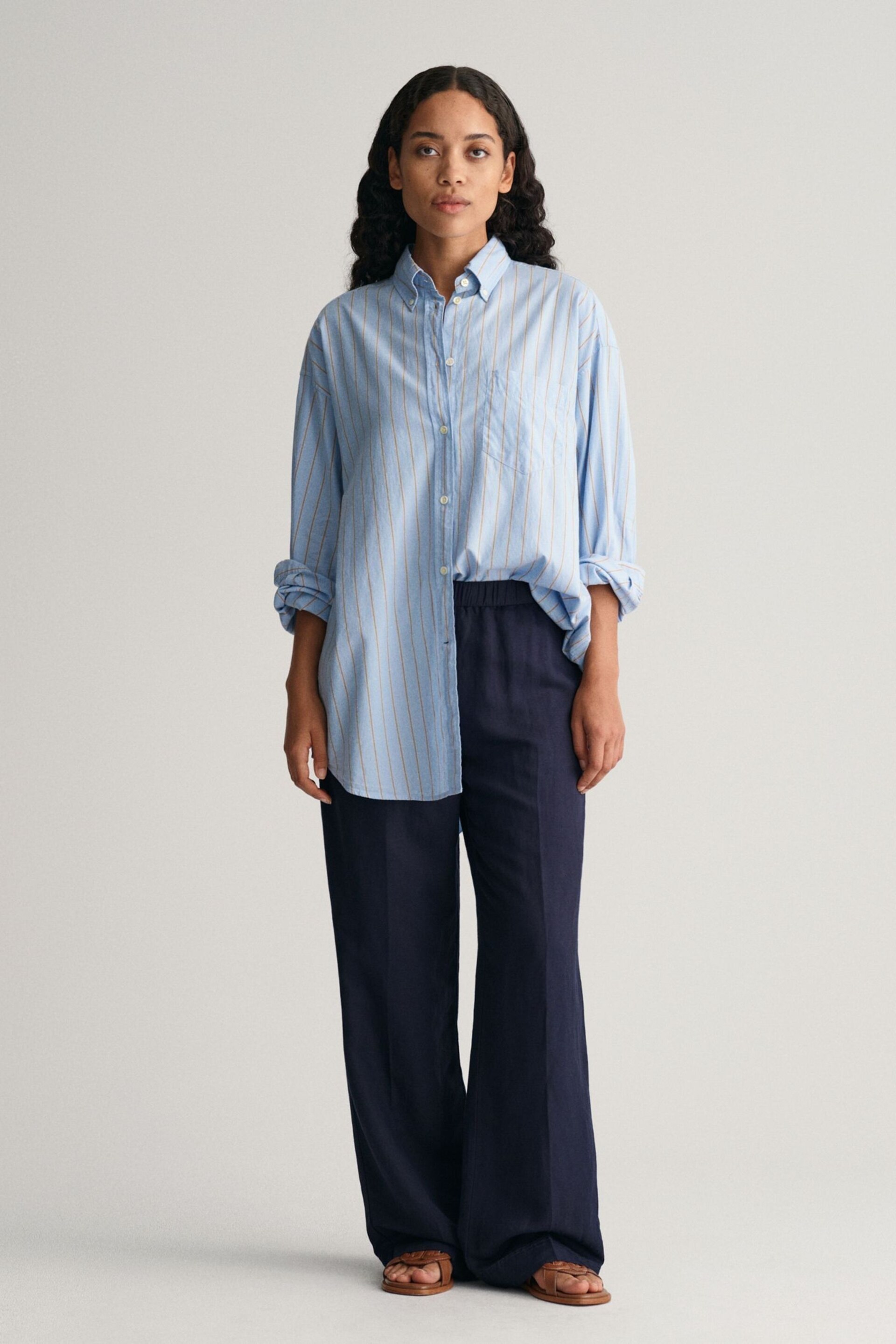 GANT Blue Relaxed Fit Linen Blend Pull-On Trousers - Image 5 of 6