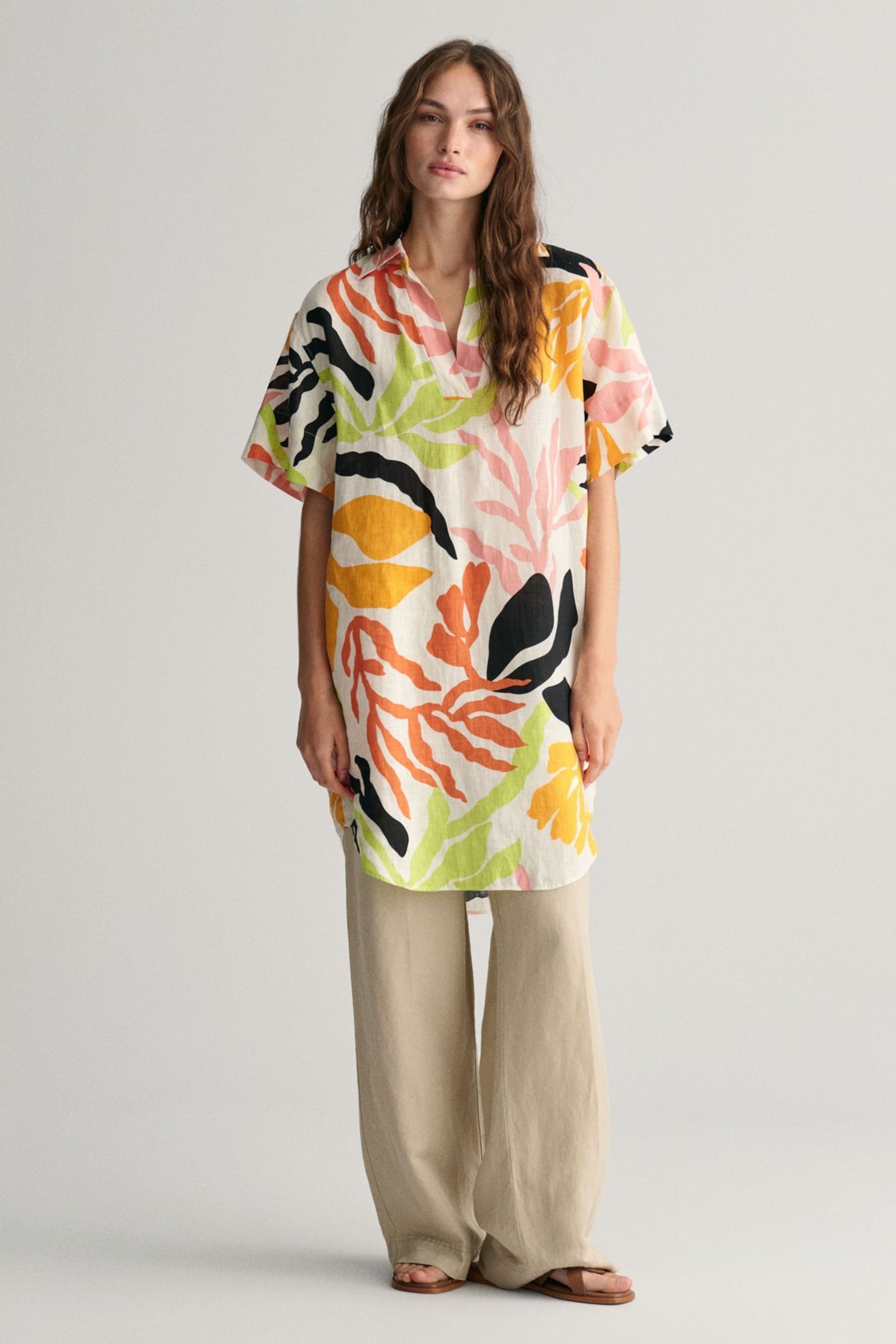 GANT Yellow Palm Print Linen Short Sleeve Kaftan Dress - Image 1 of 6