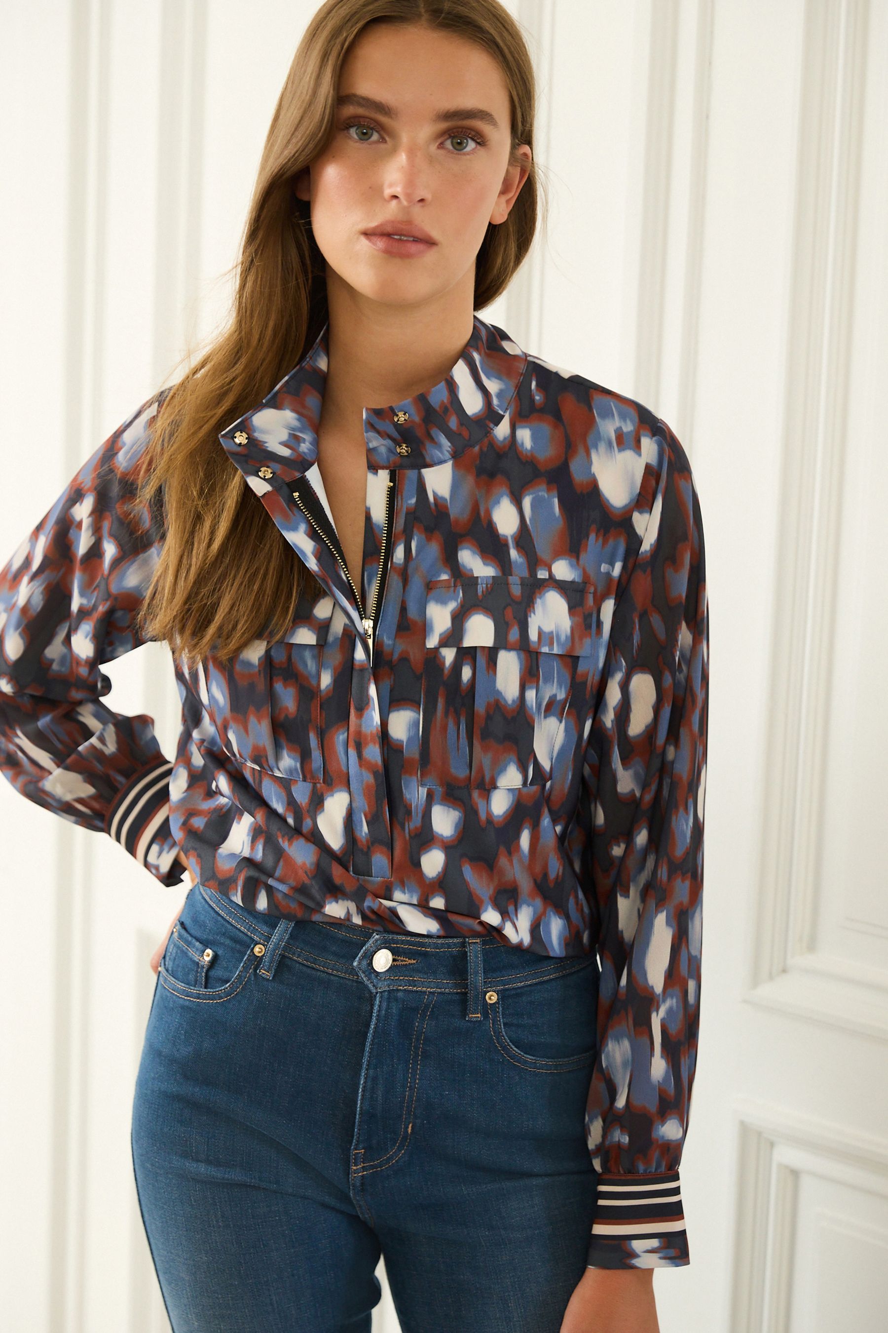 Buy Navy Blue Leopard Print Zip Front Utility Pocket Blouse from Next Luxembourg