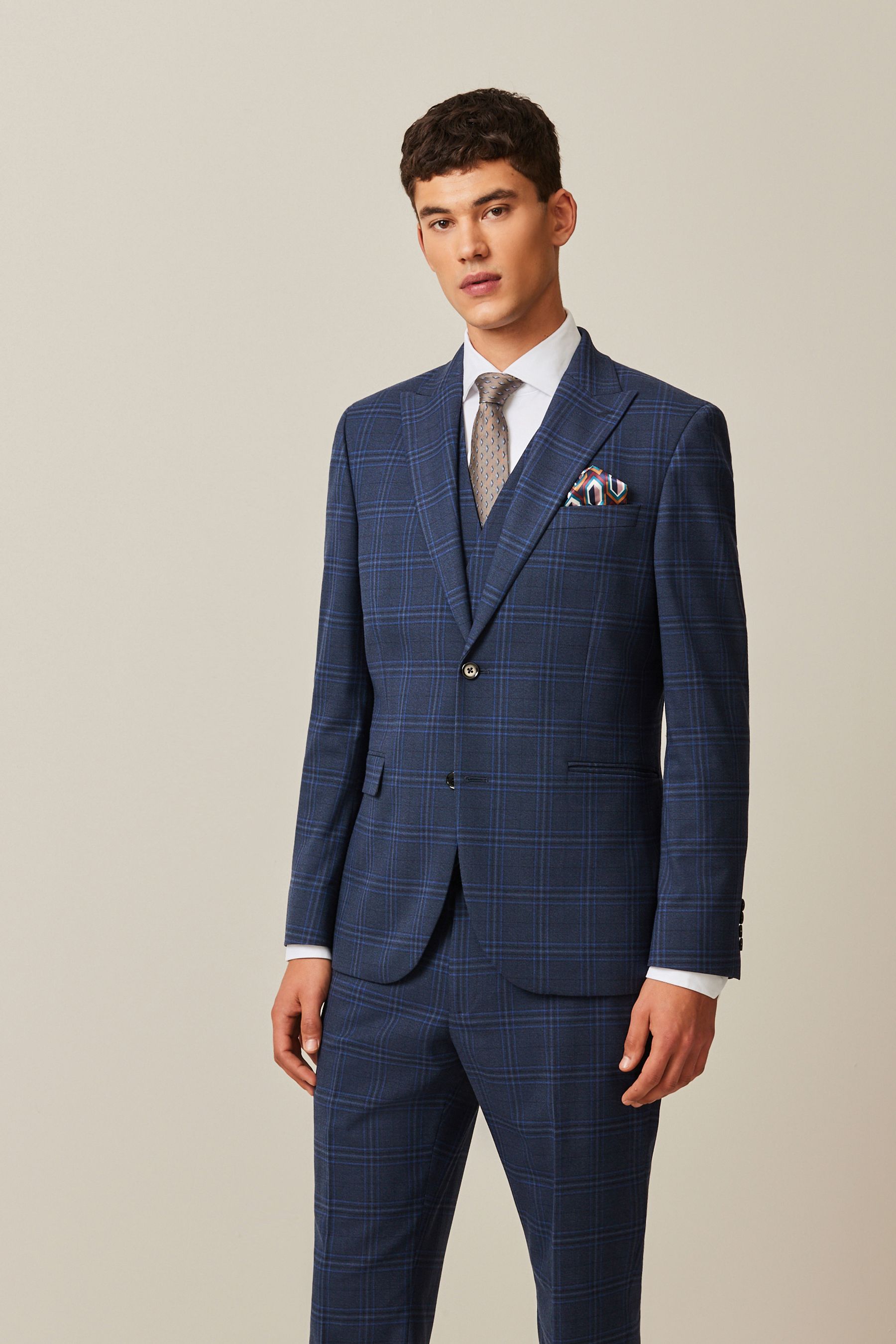 Blue check suit jacket shop