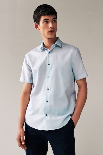 White/Blue Geometric Regular Fit Short Sleeve Printed Short Sleeve Shirt