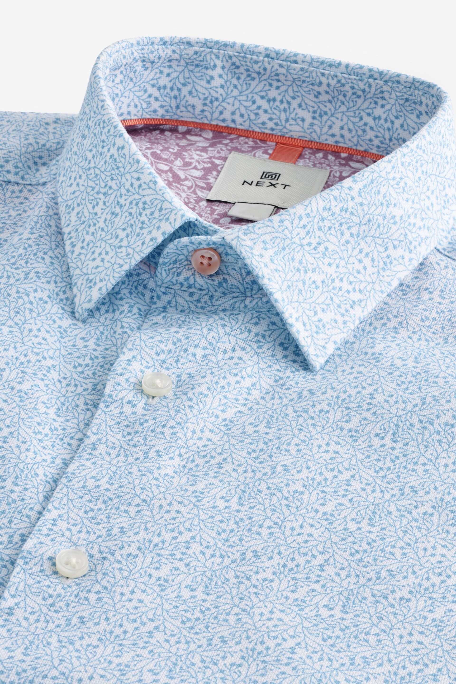 White/Light Blue Floral Textured Short Sleeve Shirt - Image 6 of 7