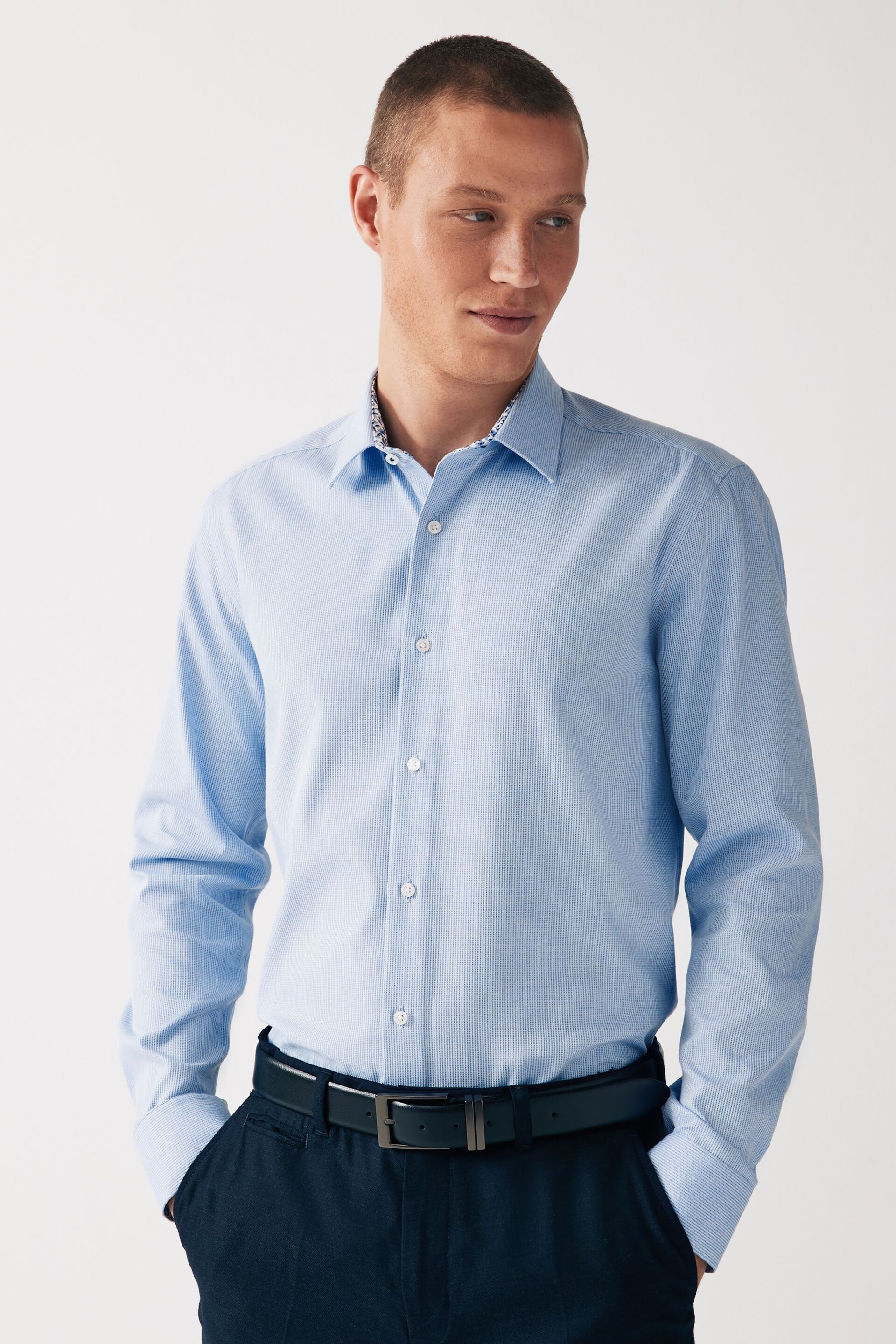 Blue Textured Trimmed Single Cuff Formal Shirt - Image 1 of 6