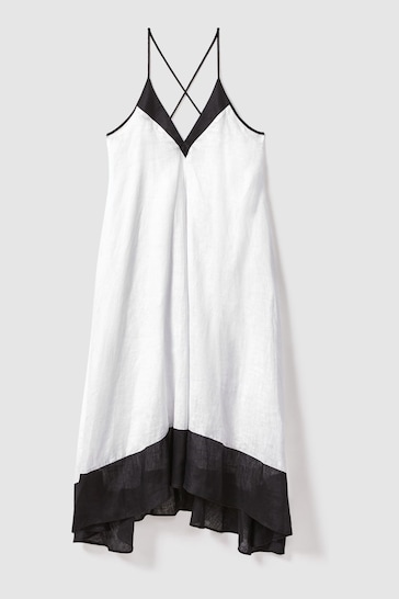 Reiss Navy/White Stevie Linen Colourblock Cross-Back Midi Dress