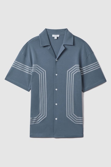 Reiss Airforce Blue Arlington Mercerised Cotton Embroidered Shirt