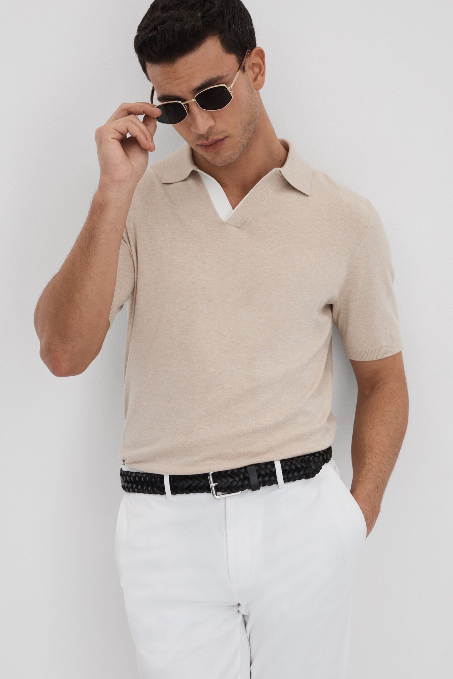 Reiss Camel Boston Cotton Blend Contrast Open Collar Shirt - Image 1 of 6