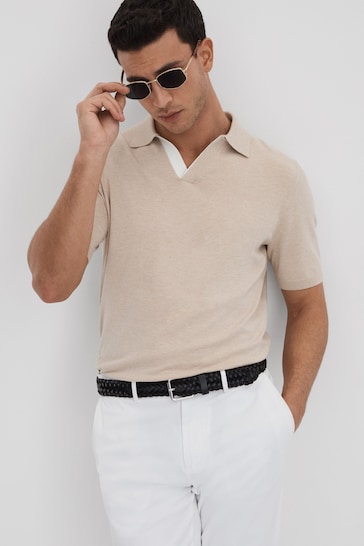 Reiss Camel Boston Cotton Blend Contrast Open Collar Shirt