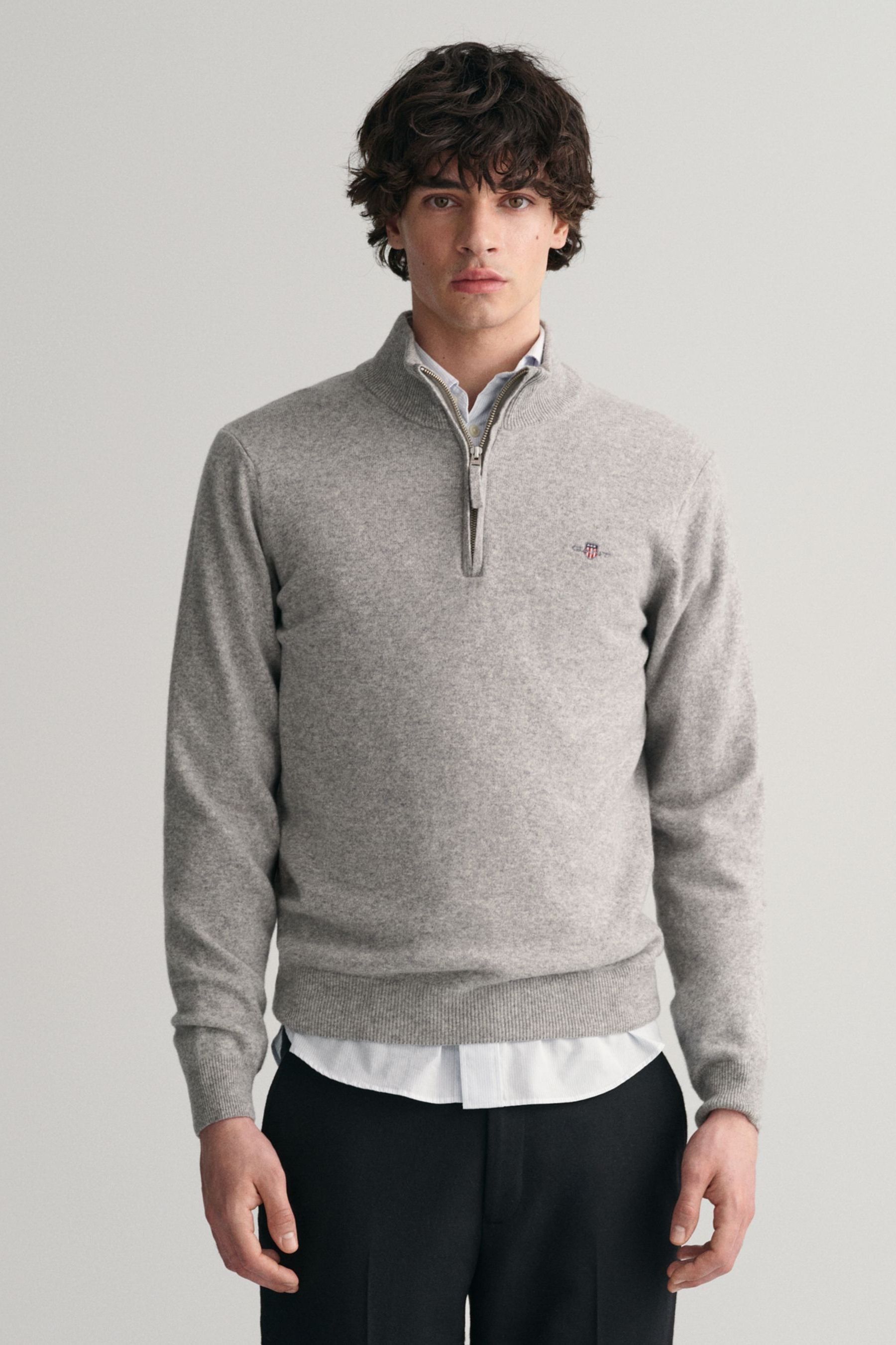 GANT Grey Melange Superfine Lambswool Quarter Zip Jumper