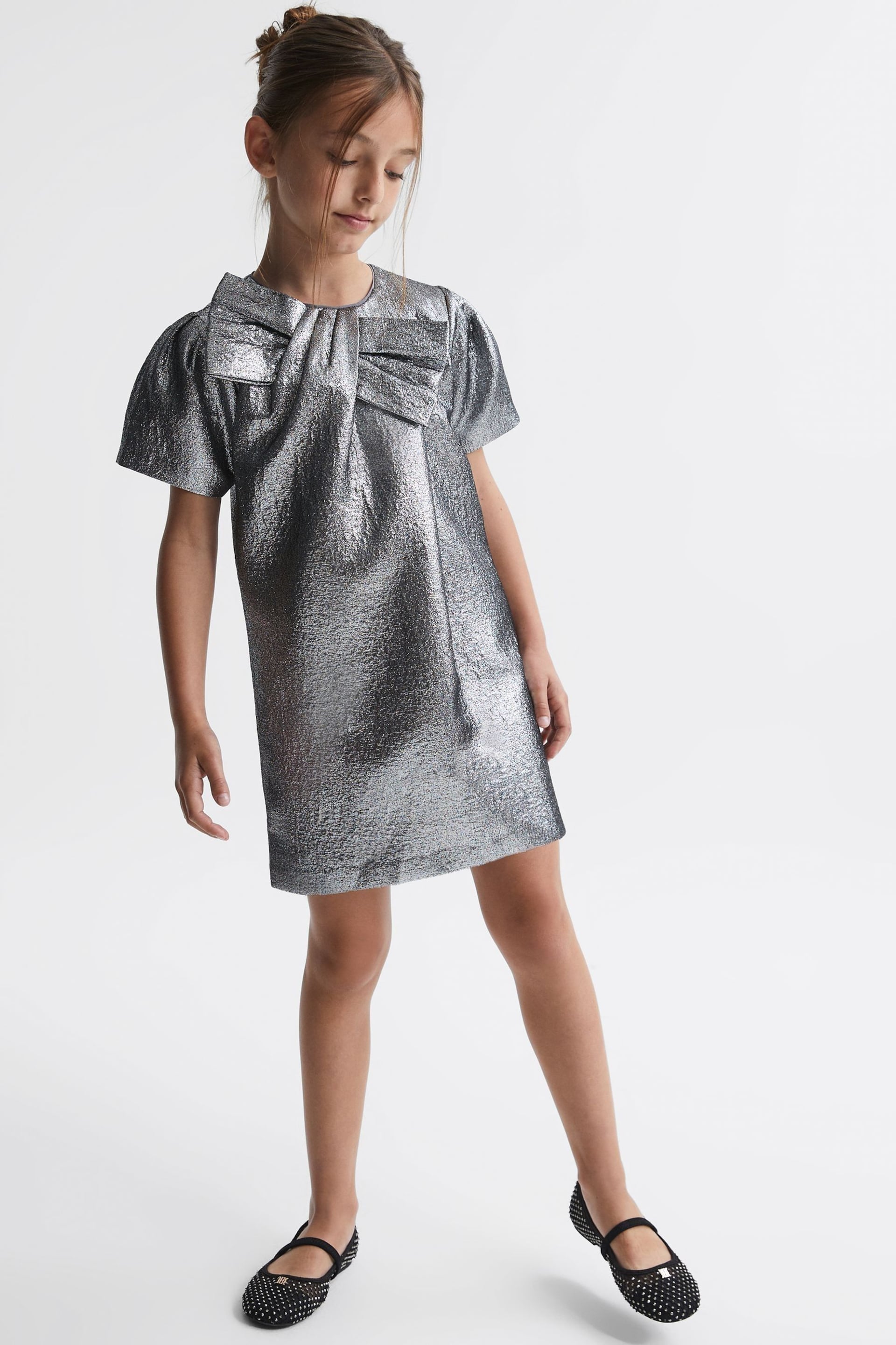 Reiss Silver Franny Senior Metallic Bow Dress - Image 3 of 6