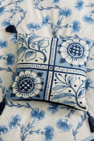 V&A Indigo Blue Scrolling Carnation Cushion
