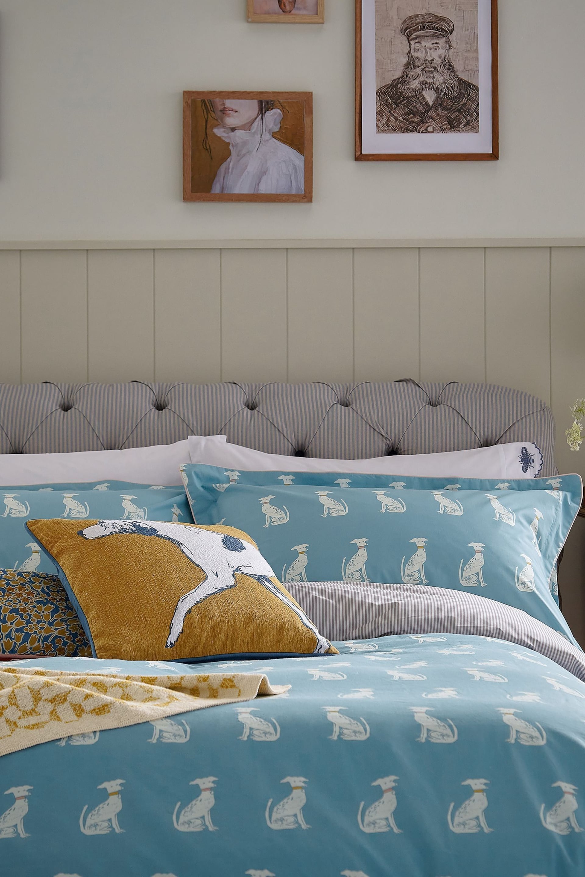 Joules Blue Blockprint Dogs Duvet Cover and Pillowcase Set - Image 2 of 5