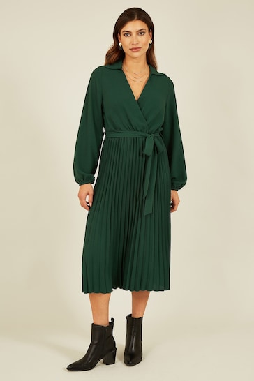 Mela Green Long Sleeve Wrap Pleated Midi Dress