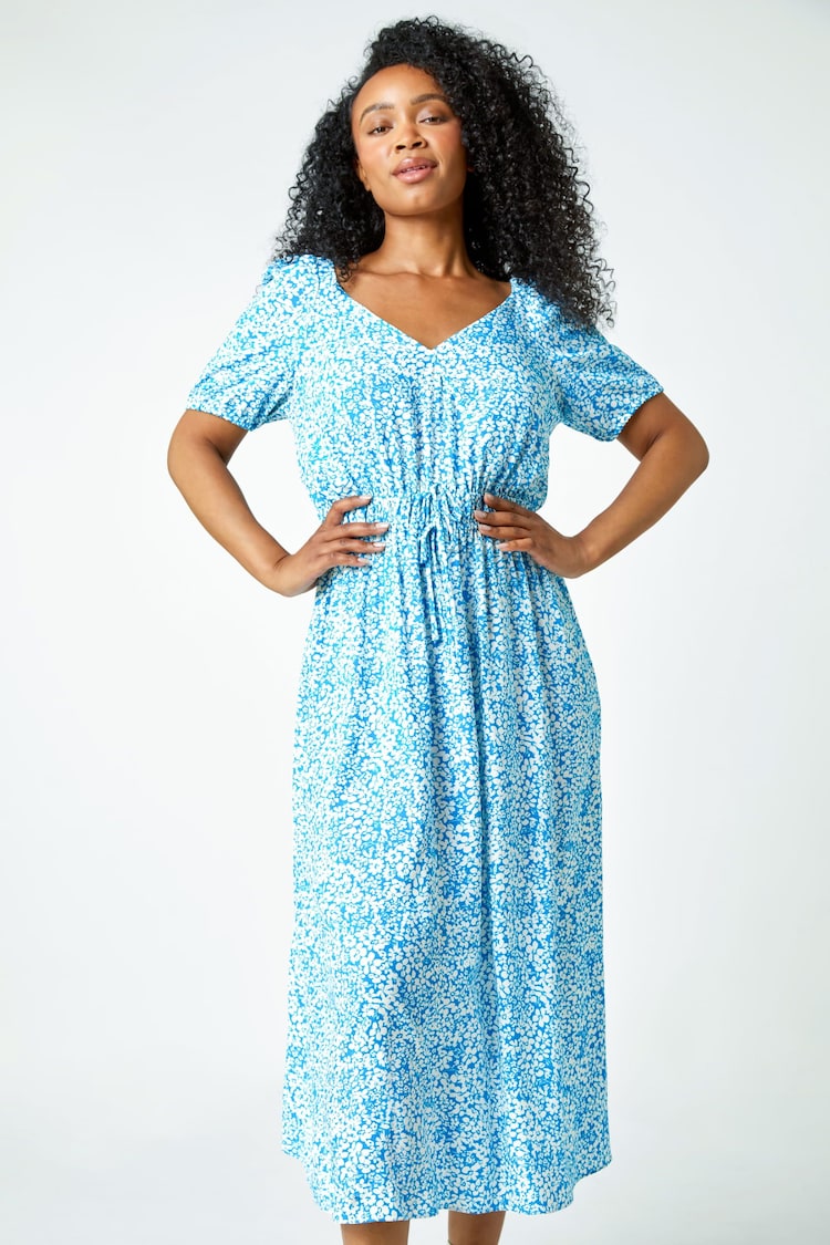 Roman Blue Petite Ditsy Floral Stretch Midi Dress - Image 1 of 5