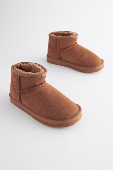 Tan Brown Short Warm Lined Suede Slipper Boots