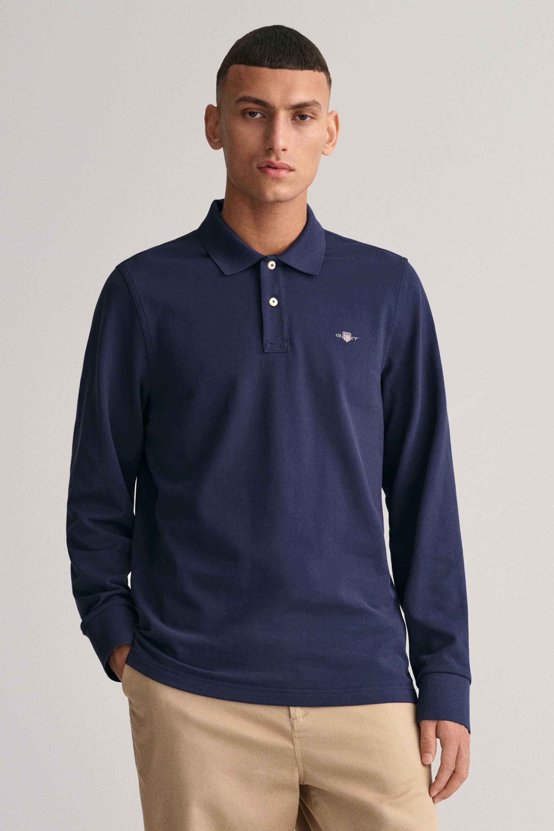 Buy GANT Evening Blue Regular Fit 100 Cotton Shield Long Sleeve Polo Shirt from Next Luxembourg