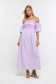 River Island Purple Ruched Bardot Poplin Dress - Image 1 of 6