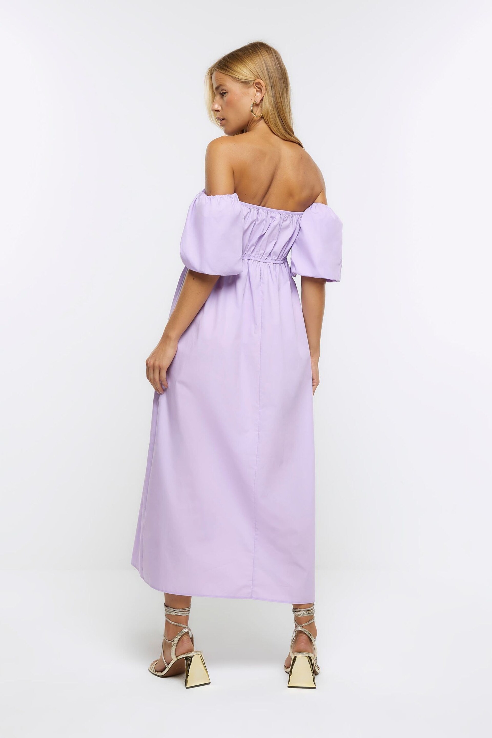 River Island Purple Ruched Bardot Poplin Dress - Image 2 of 6