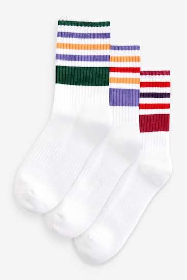 Multi Stripes Cushion Sole Ribbed Sport Ankle Socks 3 Pack With Arch Support