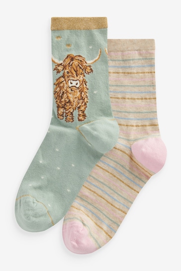 Pink/Blue Hamish the Highland Cow Ankle Socks 2 Pack