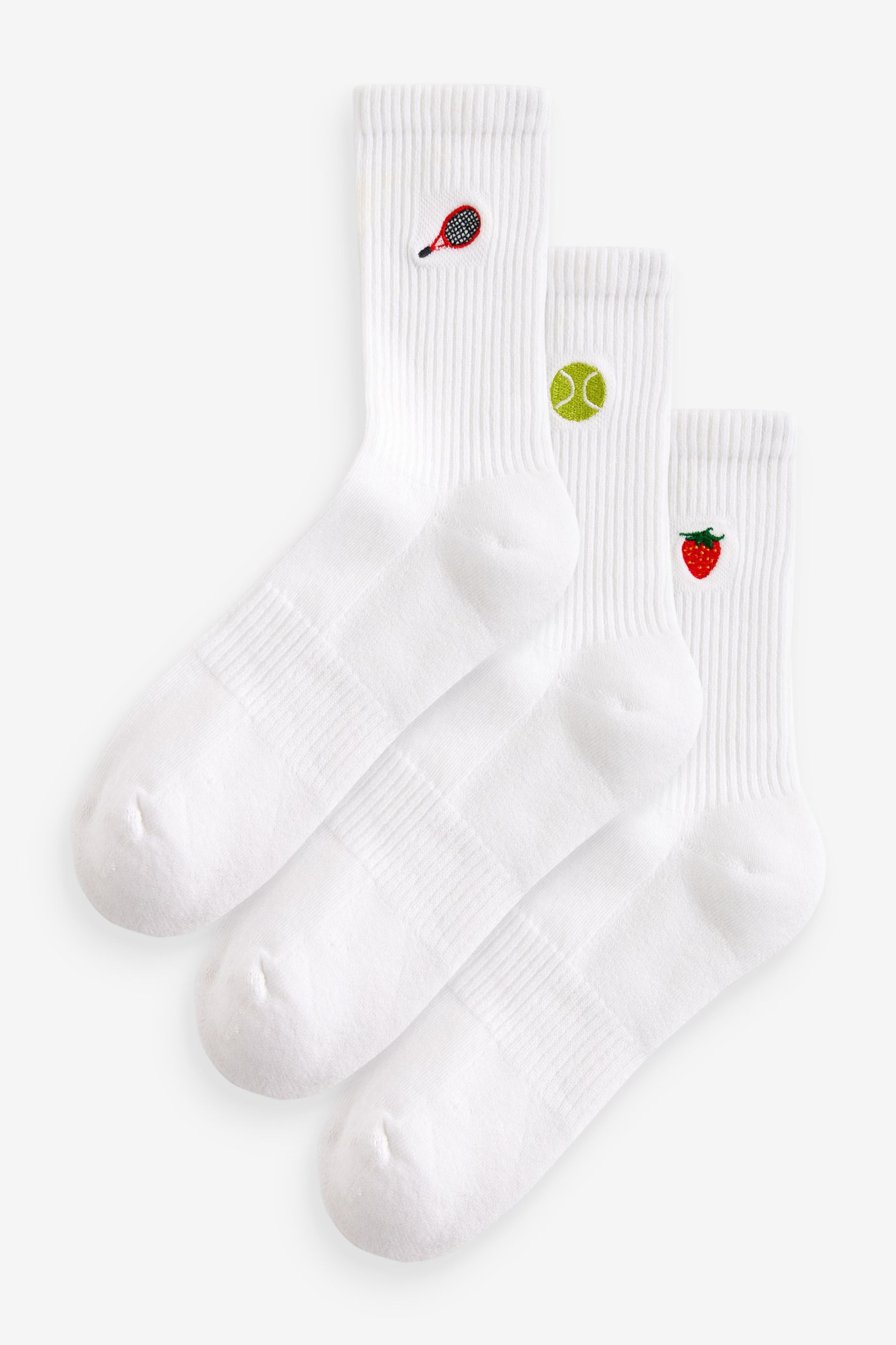 Tennis Embroidered Motif Cushion Sole Ribbed Sport Ankle Socks 3 Pack With Arch Support - Image 1 of 2