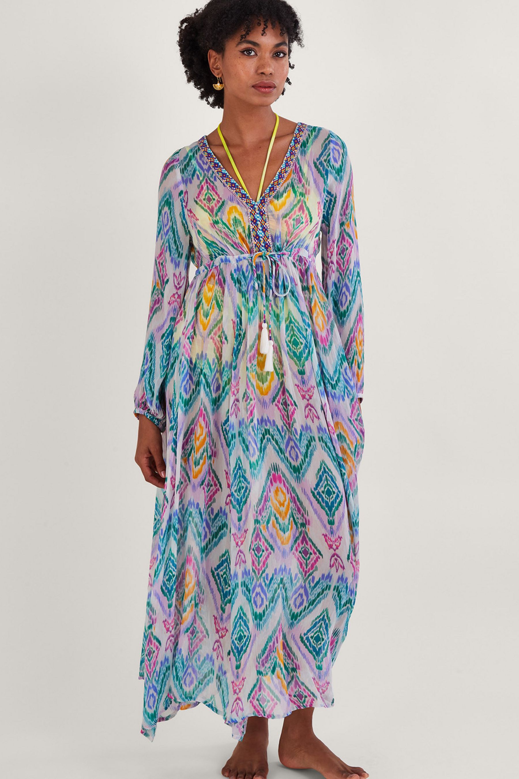 Buy Monsoon Pink Ikat Print Kaftan Dress in Lenzing EcoVero from Next Luxembourg