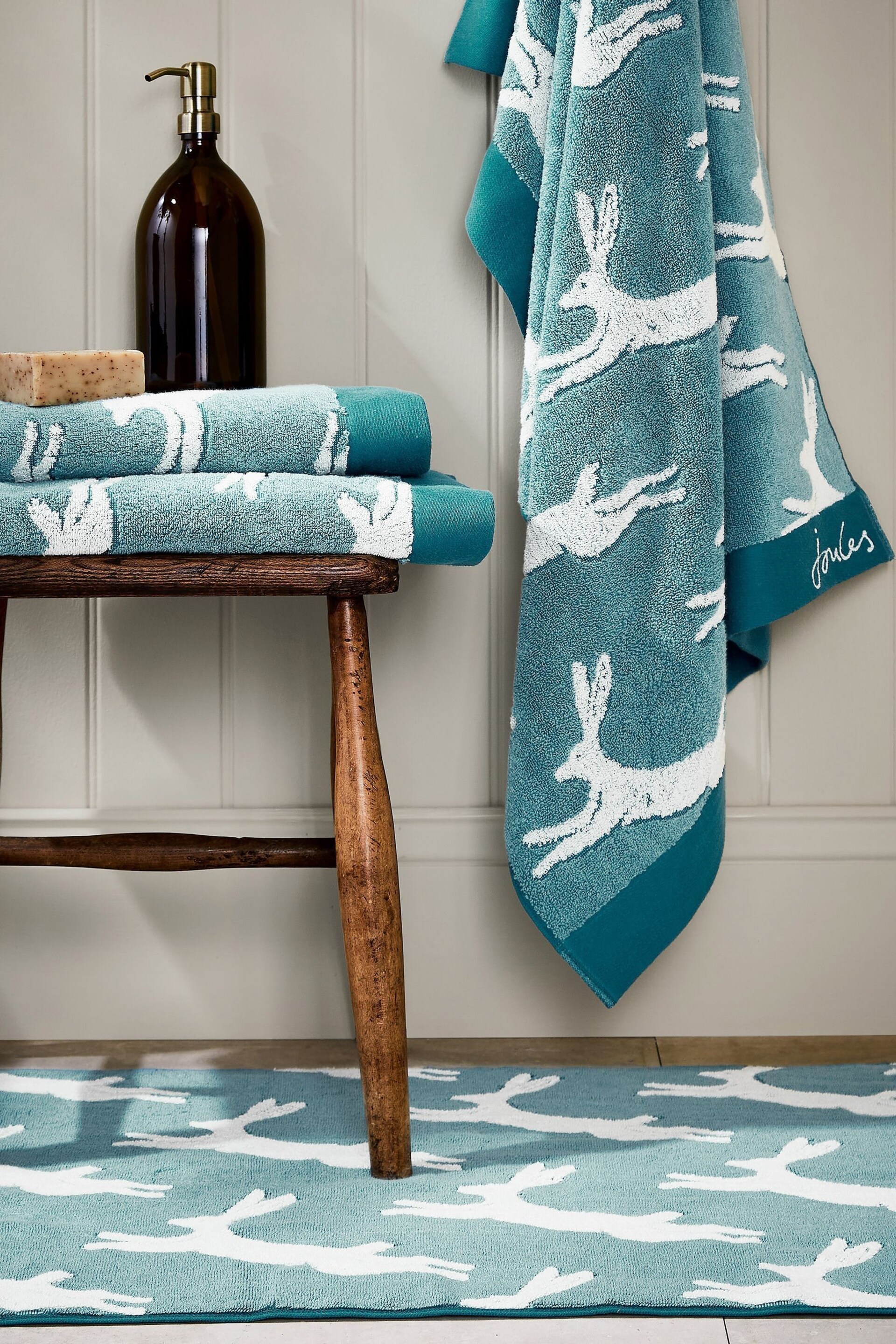 Joules Teal Jumping Hare Bath Mat - Image 1 of 2