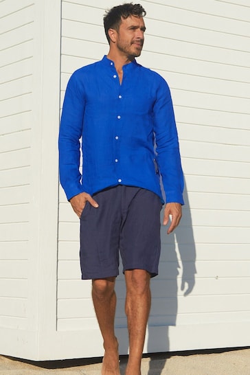 Aspiga Mens Blue Nehru Collar Premium Linen Shirt