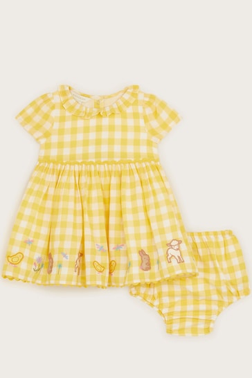 Monsoon Yellow Newborn Gingham Farm Dress And Briefs Set