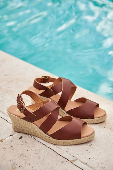 Barbour® Tan Brown Yolanda Leather Espadrille Wedge Sandals
