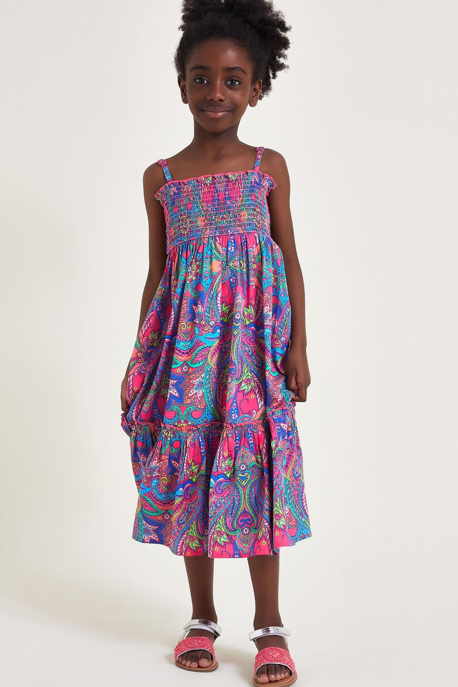 Buy Monsoon Pink Paisley Shirred Midi Dress from Next Luxembourg