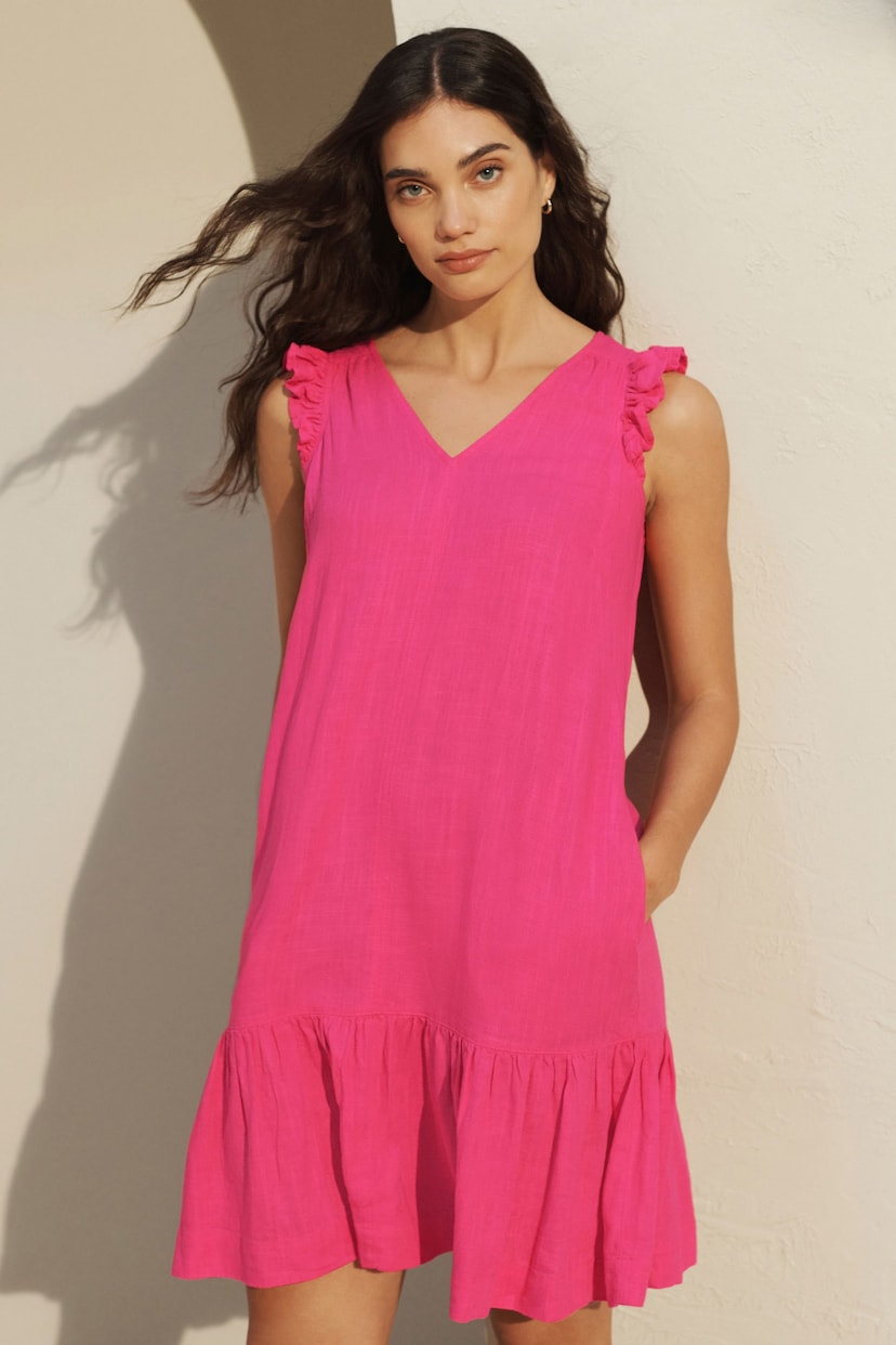 Pink Linen V-Neck Blend Summer Sleeveless Shift Dress - Image 1 of 5