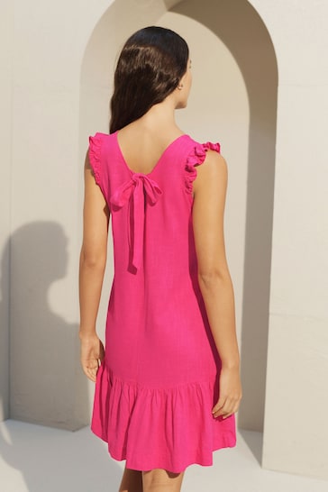 Pink Linen V-Neck Blend Summer Sleeveless Shift Dress