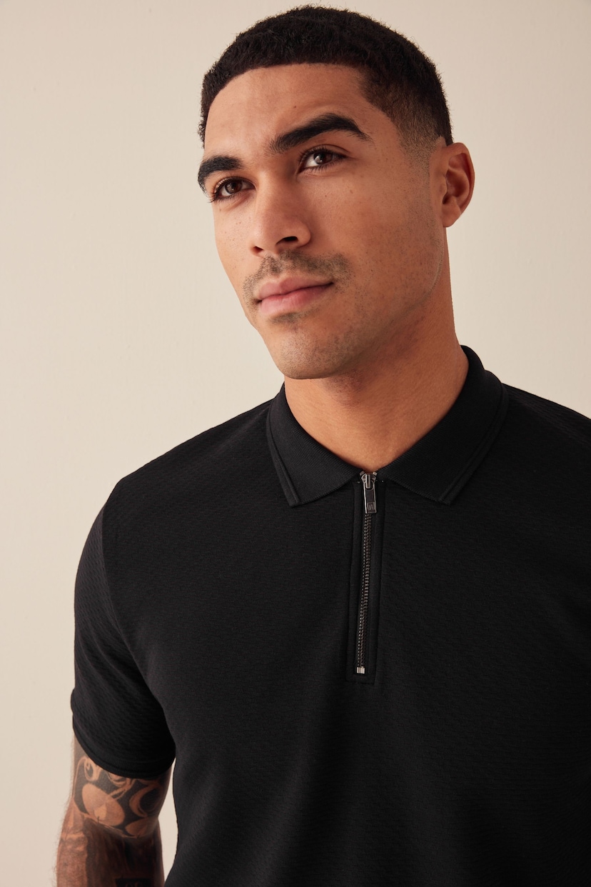 Black Short Sleeve Textured Polo Shirt - Image 1 of 9