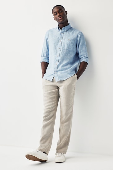 Blue Standard Collar Linen Blend Long Sleeve Shirt