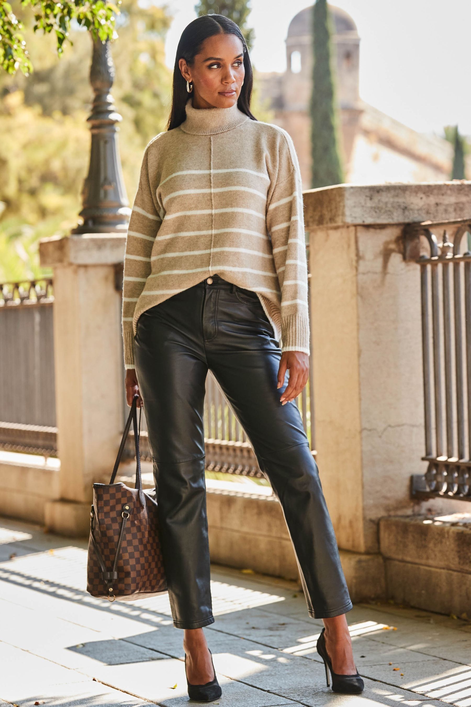 Black leather straight leg trousers clearance