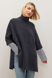 Navy Knitted Poncho with Stripe Sleeve - Image 1 of 5