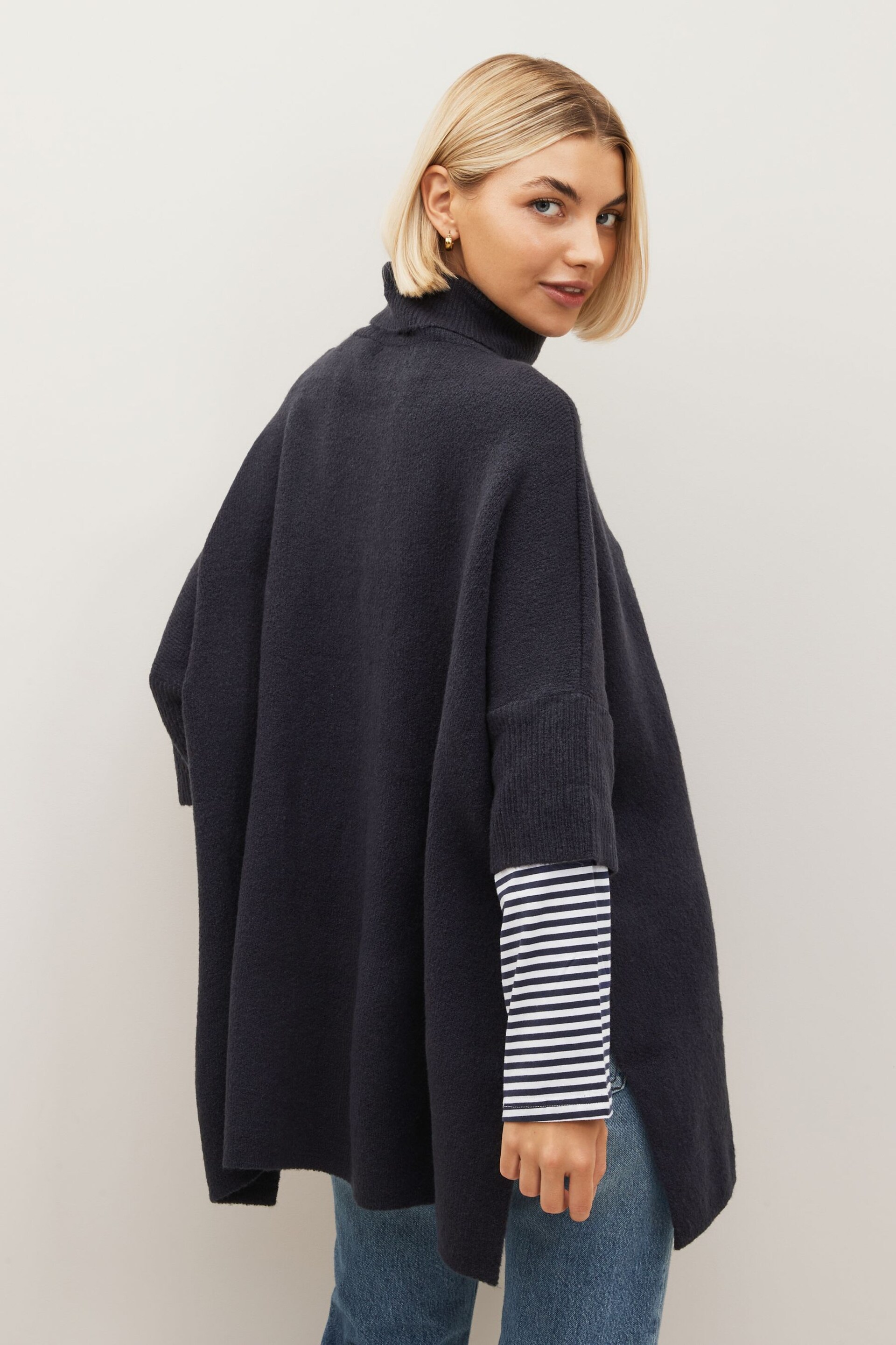 Navy Knitted Poncho with Stripe Sleeve - Image 2 of 5