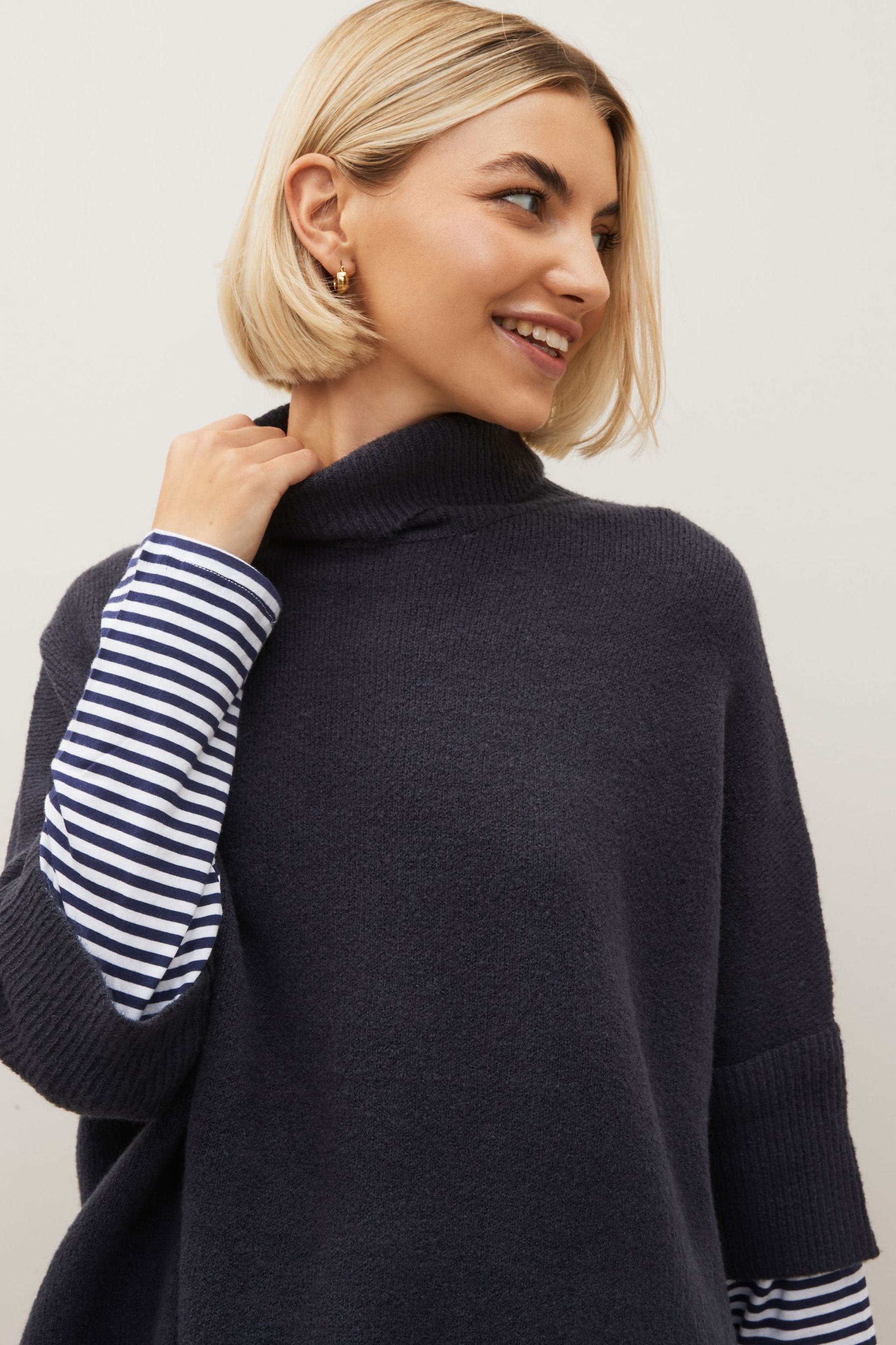 Navy Knitted Poncho with Stripe Sleeve - Image 3 of 5
