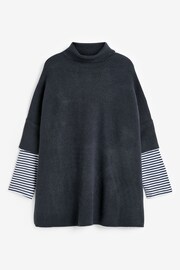 Navy Knitted Poncho with Stripe Sleeve - Image 4 of 5