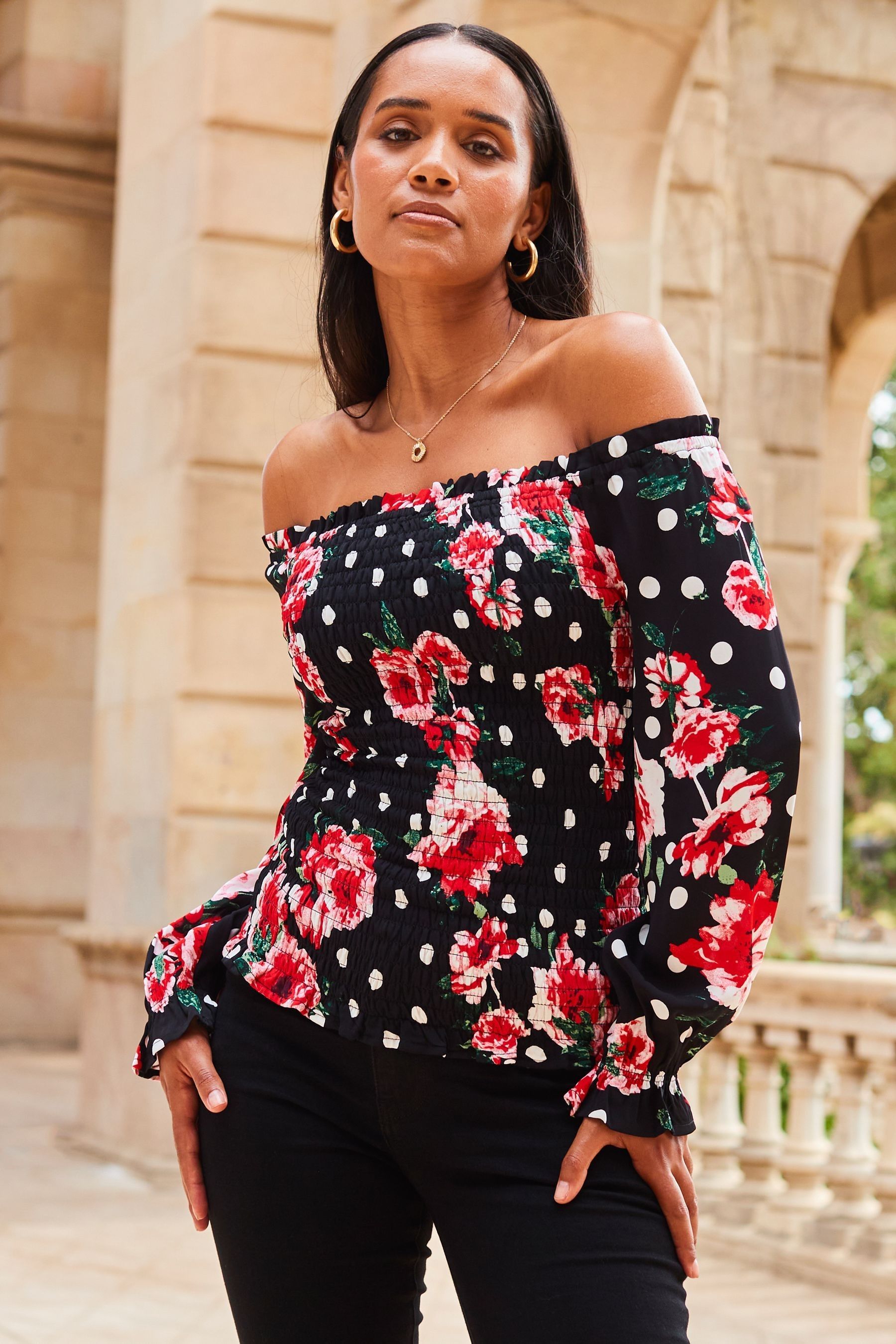 Buy Sosandar Black Floral Shirred Body Bardot Top from the Next UK