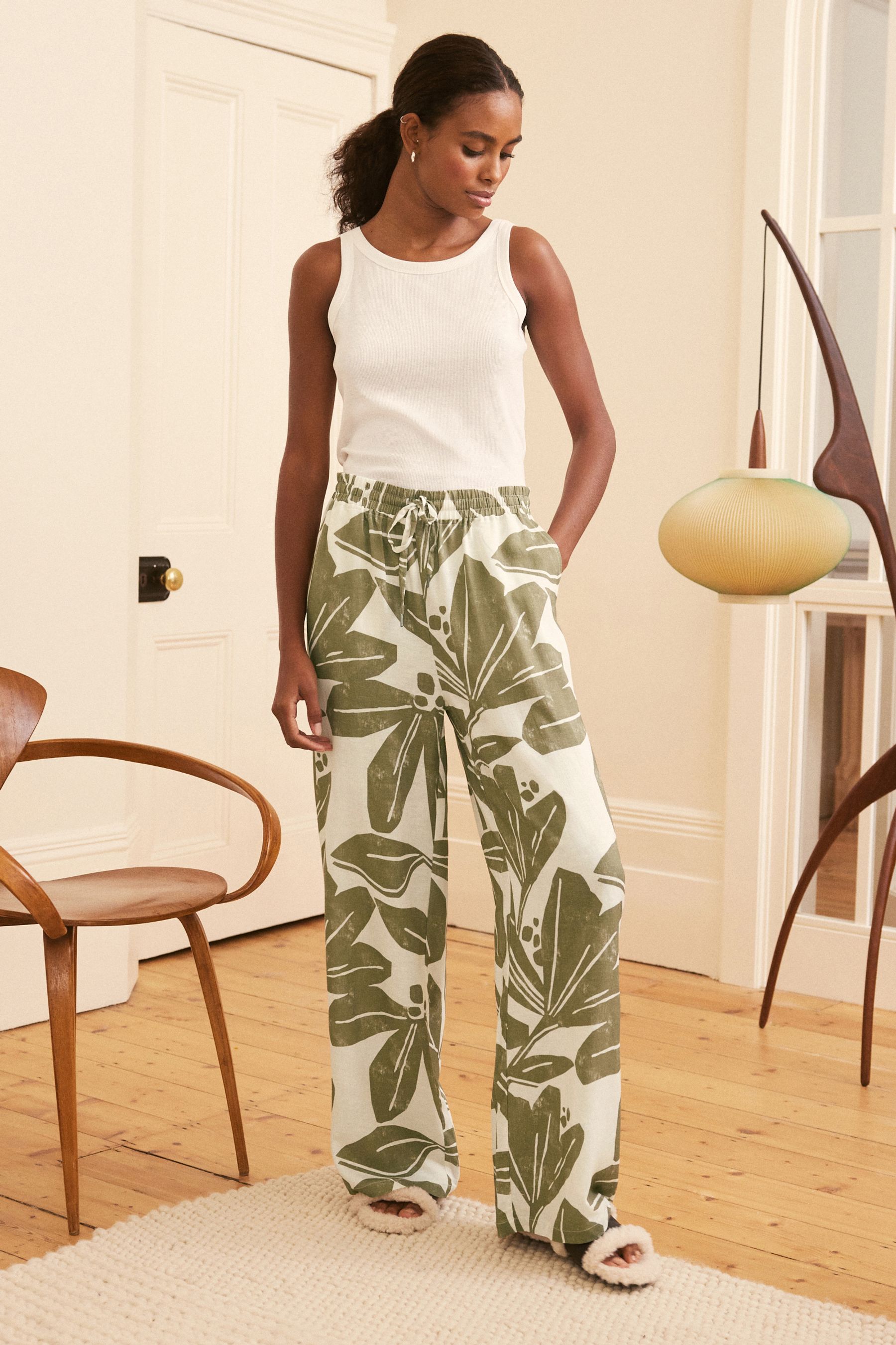 Buy Green Ecru Leaf Linen Blend Pyjama Bottoms from Next Austria