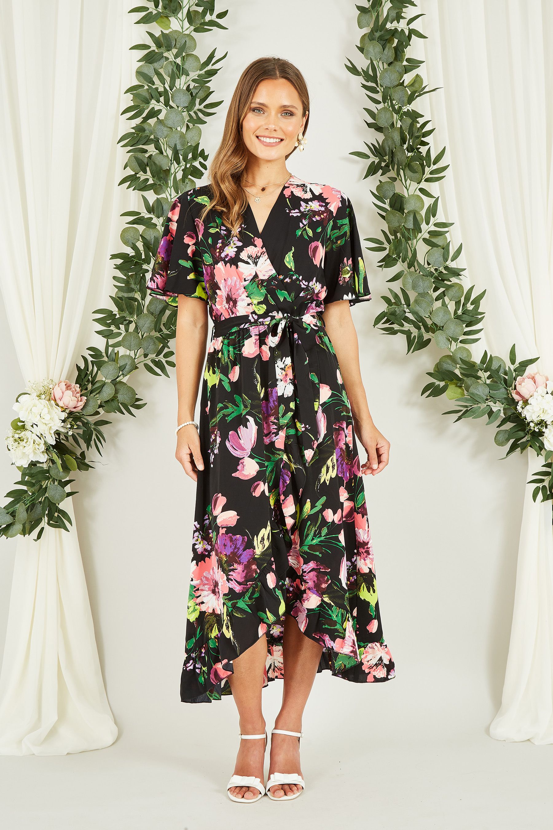 Buy Mela Black Floral Wrap Midi Dress With Frills from the Next UK