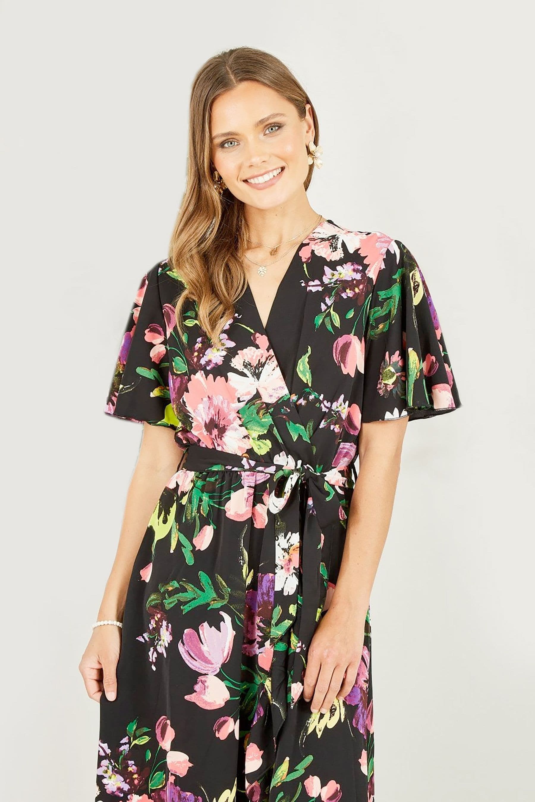 Buy Mela Black Floral Wrap Midi Dress With Frills from the Next UK