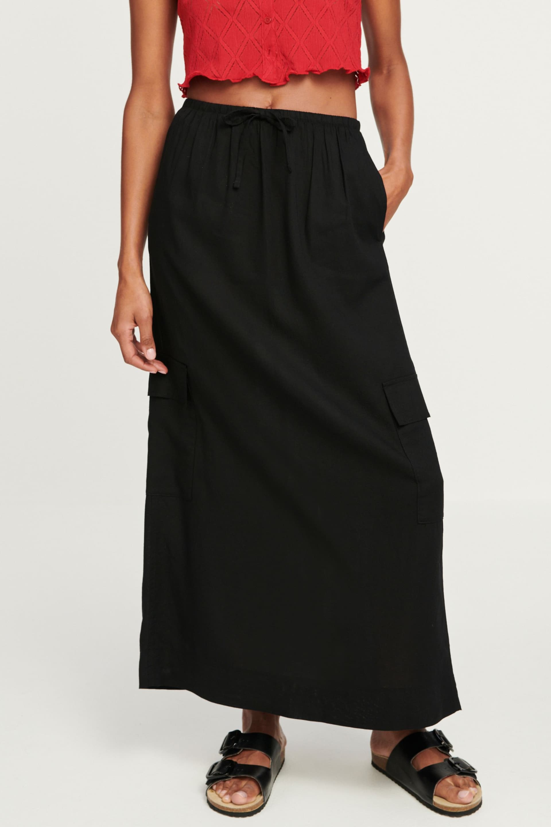 Black Column Midi Skirt with Linen - Image 3 of 7