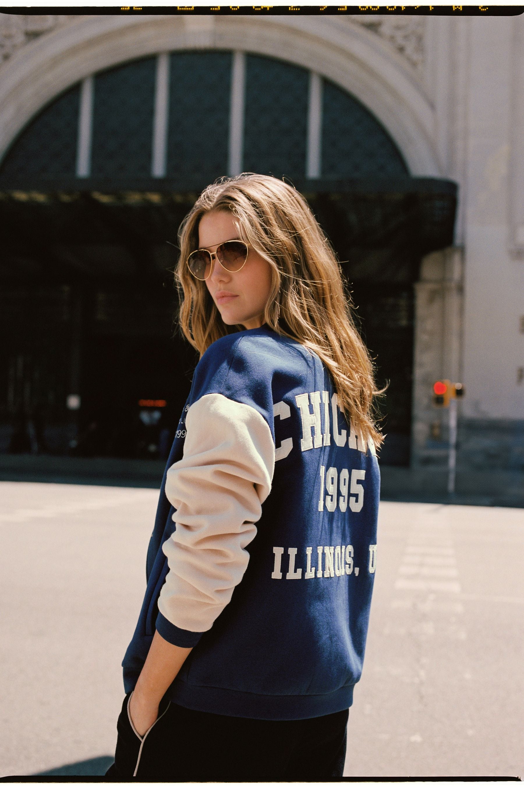 Womens Next Navy Blue Chicago Slogan Back Graphic Baseball Letterman Varsity Jacket