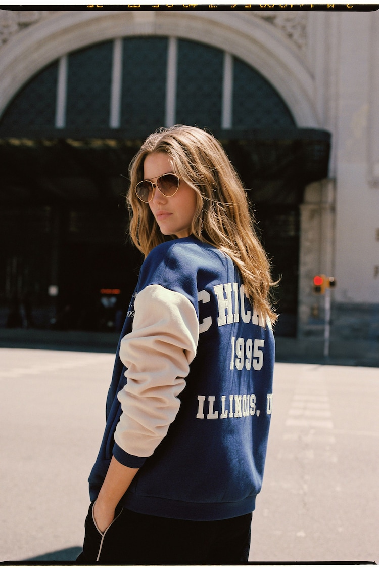 Navy Blue Chicago Slogan Back Graphic Baseball Letterman Varsity Jacket - Image 1 of 4