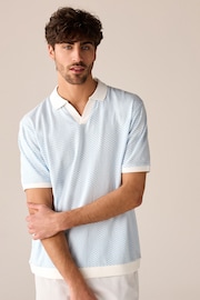 Blue/White Cuban Collar Textured Short Sleeve Polo Shirt - Image 1 of 8