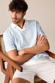 Blue/White Cuban Collar Textured Short Sleeve Polo Shirt - Image 4 of 8