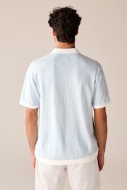 Blue/White Cuban Collar Textured Short Sleeve Polo Shirt - Image 5 of 8